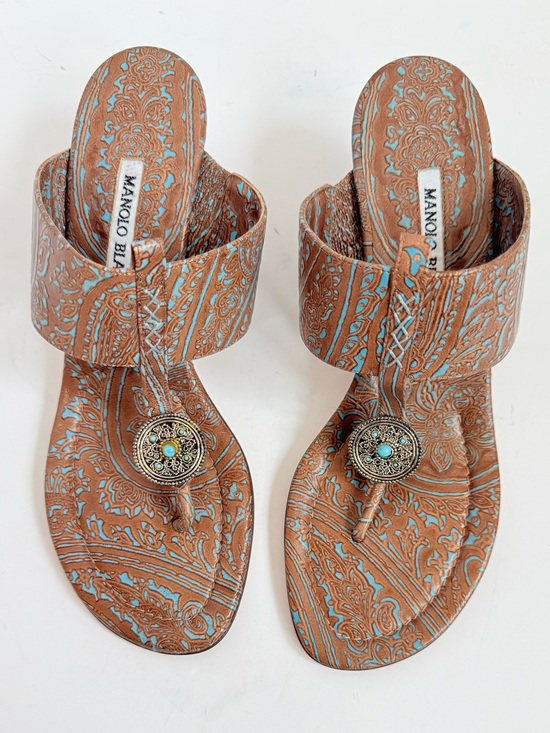 Manolo Blahnik Shoes - Vintage Manolo Blahnik Turce Paisley Embossed Leather Thong Mule Sandals 37.5